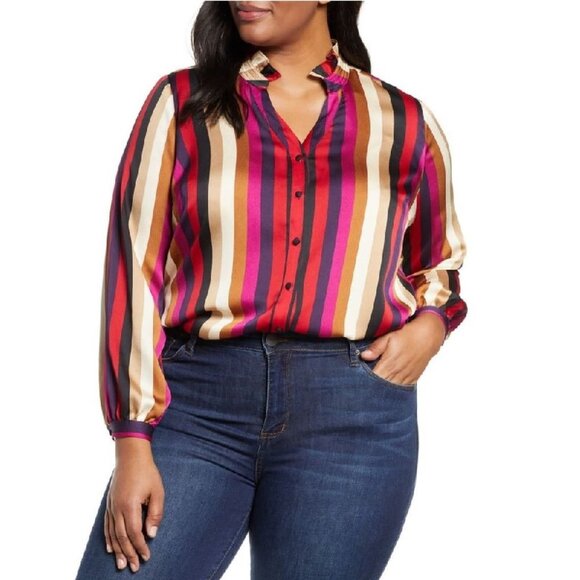 Vince Camuto Mayfair Stripe Ruffle Neck Blouse - Picture 1 of 7